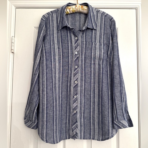 Susan Graver Roll Tab Button-up Blouse Top Sz Petite M Linen Blend - Picture 8 of 8